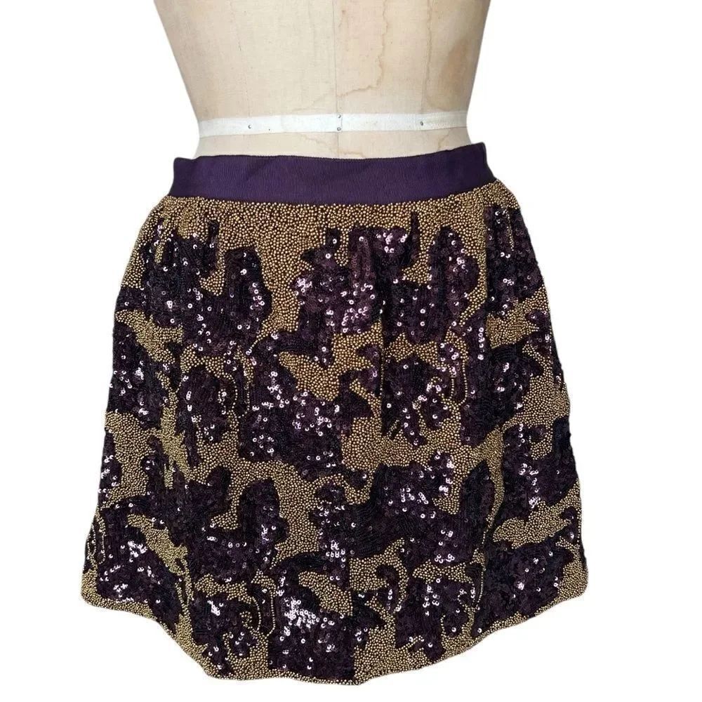 CLUB MÓNACO Purple & Gold Floral Sequin Beaded Mini Skirt Size M